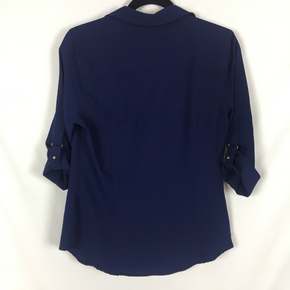 Skies are Blue Navy Button Down Cuffed Sleeve Top - Picture 2 of 3